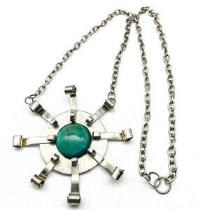 Vintage Artsy Starburst Pendant Necklace Silver Tone Green Bead Center Boho Fest